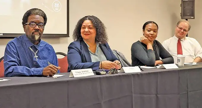 Chair of the Clark County Black Caucus Yvette Williams (second from left) while speaking to the 20 international journalists in Vegas, USA.