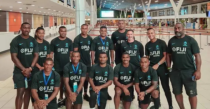Fiji Airways Fijian men's 7s squad at the Nadi International Airport before departing for Los Angeles on February 19, 2023.