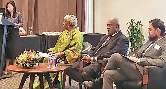The University of Fiji vice chancellor, Professor Shaista Shameem, with Assistant Minister in the Prime Minister’s Office, Sakiusa Tubuna, and Stockholm Environment Institute, Sweden, research fellow, Adis Dezbo, in Suva yesterday