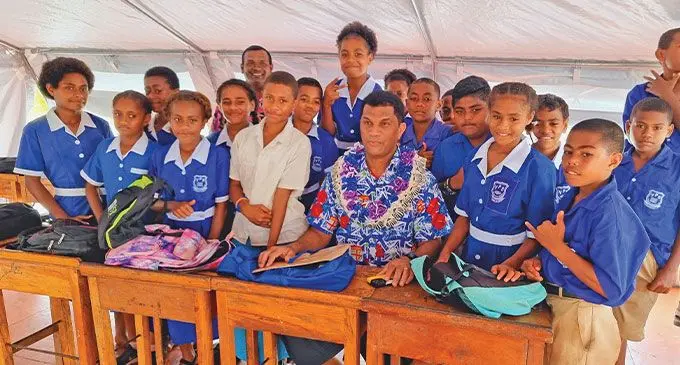 Minister for Education, Aseri Radrodro with students of Valelawa Primary School during the ground breaking ceremony in Dreketi, Macuata on February 5, 2025. Photo: Sampras Anand