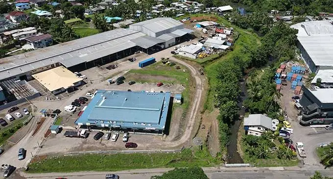 A drone image of the Lees Trading Company Limited, located along Ratu Dovi Rd. The yellow line is the possible escape route that the suspect took. Photo: Leon Lord
