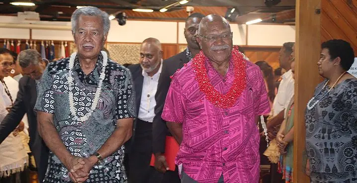 File Photo: Prime Minister Sitiveni Rabuka (right), was welcomed by the Pacific Island Forum Secretariat (PIFS) Secretary General Henry Puna (left) to the PIFS event in Suva on January 18, 2023 . 