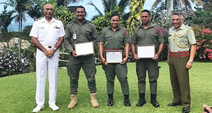 From left: Republic of Fiji Military Forces Commander, Rear Admiral Viliame Naupoto, Second Lieutenant Lasarusa Nukutabu, Second Lieutenant Litiana Mareko, Second Lieutenant Alipate Cakaunivere and New Zealand Defence Adviser to Fiji Lieutenant Colonel Josh Wineera on June 26, 2020. Photo: RFMF Media Cell