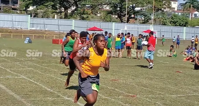 Salome Mataivalu of Rakiraki Public School and Titilia Masi of Tavua District Secondary School during the intermediate girls 200m heat at Garvey Park, Tavua on June 23, 2022. Photo: Salote Qalubau