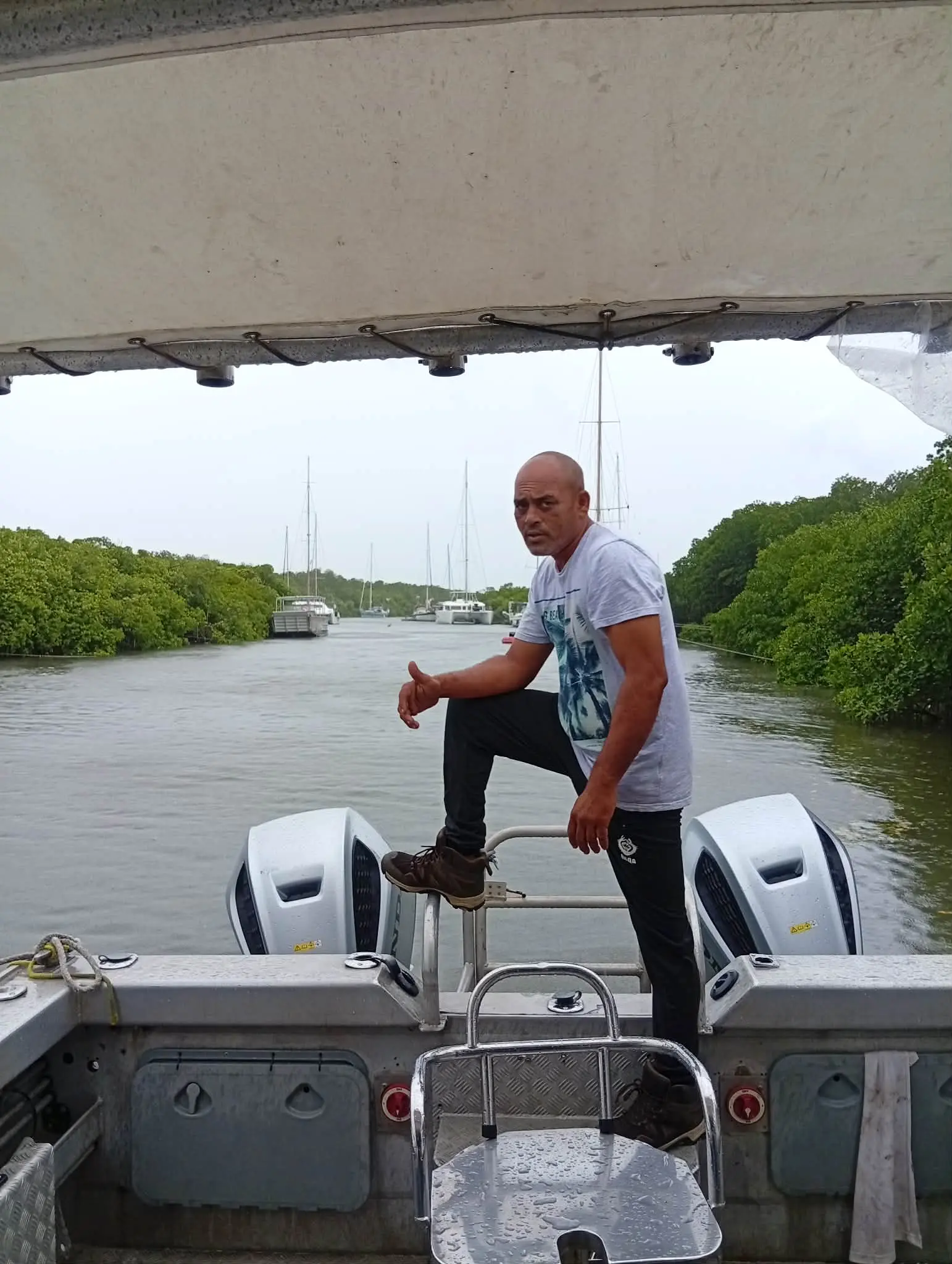 Alinesh Ram on board a speed boat at the Denarau River mouth