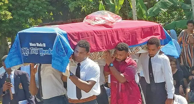 Members of the Lautoka Rugby Union lift the late Rstu Tevita Momoedonu's casket at his burial site at the Burenivalu na Sautabu Vakamomo ni Vanua O Vuda on June 6, 2024. Photo: Salote Qalubau