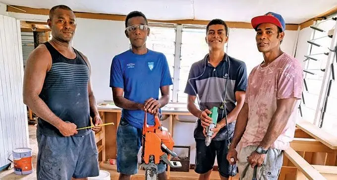 From left: Jone Vakabua, Inia Vaka, Apenisa Laisave and Aminiasi Bati during renovation works at a client’s building in Malau, Labasa on November 30, 2021.  Photo: Sampras Anand
