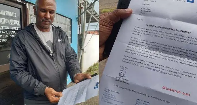 Goundar Shipping Ltd director, George Goundar, at Walu Bay, Suva, on May 2, 2020, shows the suspension letter he received from the Maritime Safety Authority of Fiji suspending Joe Salavau, the captain for the Lomaiviti Princess VIII(left) and the letter from the Maritime Safety Authority of Fiji, suspending the captain of the MV Ohana (right).