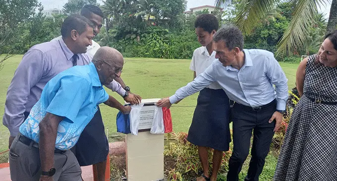 French Ambassador to Fiji François-Xavier Léger (second from right) unveils the Miriama Tuisorisori Chambault ground plaque at Nakasi High School on November 10, 2022. Photo: Sereana Salalo