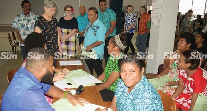 Visiting Australian Foreign Affairs Minister Senator Penny Wong with Minister Praveen Bala while touring sessional workers salection process in Suva on May 27, 2022. Photo: Ronald Kumar