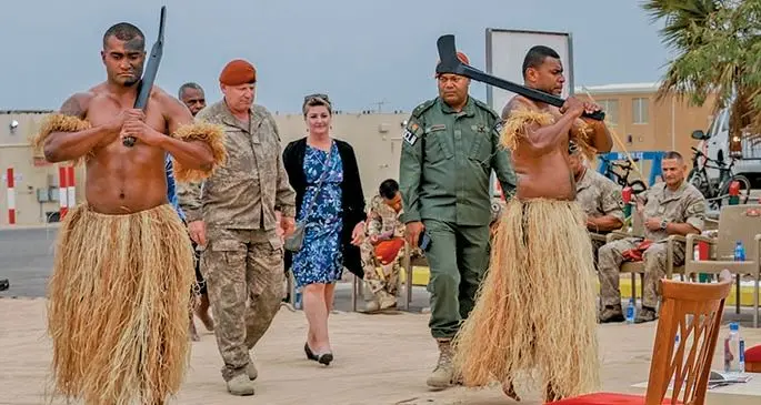 Major-General Evan Williams and Mrs Williams during the traditional welcome ceremony at South Camp, Egypt, on March 12, 2020. Photo: RFMF Media Cell