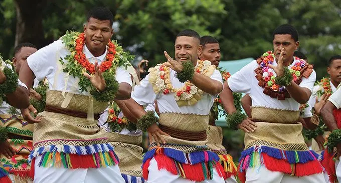 Men and Women of Ono-i-Lau performed the Lakalaka dance on Bau Island. Photos: Leon Lord