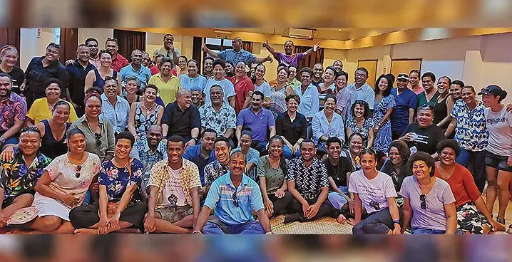 Fiji Trades Union Congress general secretary, Felix Anthony (sitting centre with purple t-shirt) amongst the former Fiji Airways cabin crew members at the Lautoka Hotel on January 17, 2023. Photo: Nicolette Chambers