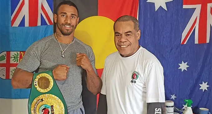 From left: Former IBO world super middleweight champion Renold Quinlan and trainer Lepani Wilson at Campbelltown in Sydney, Australia on June 23, 2019. Photo: Leone Cabenatabua