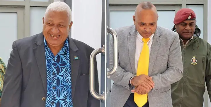 Former Prime Minister Voreqe Bainimarama and former Police Commissioner Sitiveni Qiliho at the Suva Magistrate Court on May 21, 2025. Photos: Asenaca Ratu