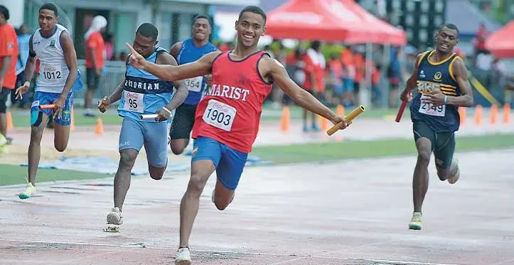 Marist Brothers High School’s Josefa Dinono celebrates after winning the senior boys 4x100 metres relay at the HFC Bank Stadium, Suva on April 29, 2023. Photo: Ronald Kumar