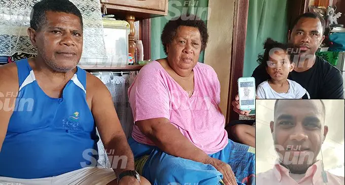 The late Mosese Coriakula’s family, from left; father Tomasi Cama Coriakula Snr, mother Venaisi Coriakula, niece Bulou Amalaini and Tomasi Coriakula Jnr at their family home in Balawa, Lautoka, on February 13, 2020.   INSET: Mosese Coriakula.  Photos:  Nicolette Chambers