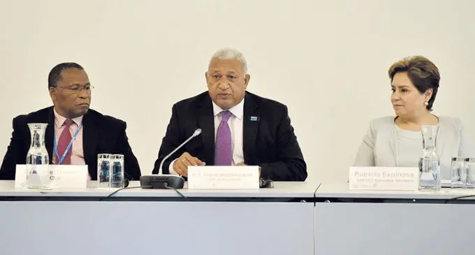 From left: Subsidiary Body for Implementation (SBI) Chair Emmanuel Diamini of Swaziland, COP23 President Voreqe Bainimarama and UNFCCC Executive Secretary Patricia Espinosa