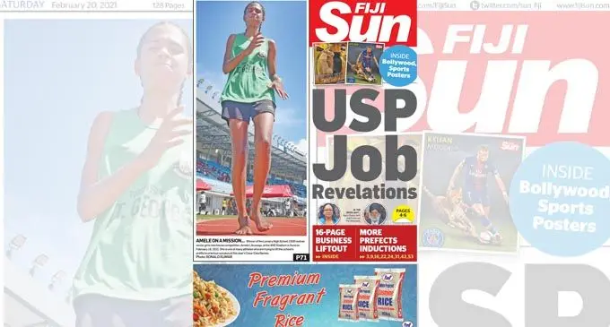 Front page of the Fiji Sun on February 20, 2021.