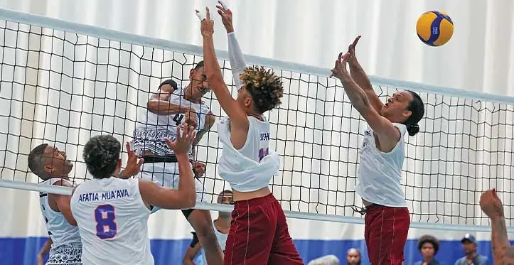 Fiji men’s volleyball rep Jekesoni Salawaqa spikes the ball against American Samoa at the Friebdship Hall in Honiara, Solomon Islands, on November 18, 2023. Photo: Sereana Salalo