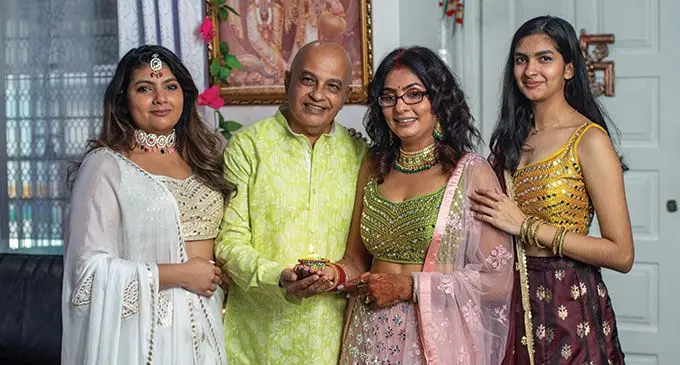 From left: Kajol Sharma, Rishi Sharma, Roselyn Sharma and Kangana Sharma celebrating Diwali. Photo: Leon Lord.