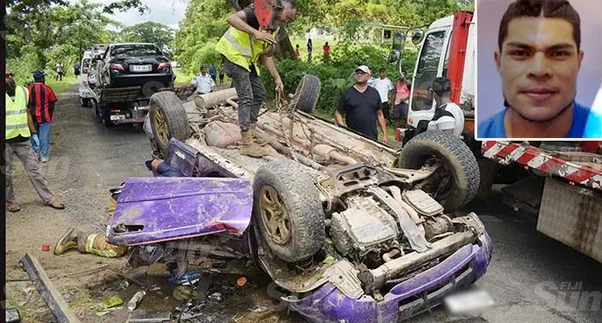 Authorities salvage the wrecked vehicle on December 25, 2020. INSET: Photo: Ronald Kumar INSET: One of the victims... Tei Ete Joe O’Brien.