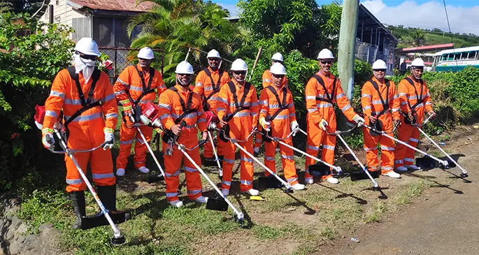 One of the Rosie roadside maintenance clearing crews in full gear and ready to commence with their contract work in Rakiraki. Photo: Rosie Holidays.