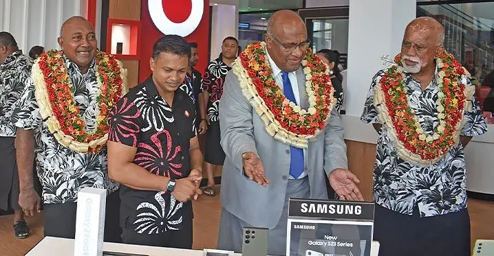 From left: Tui Nawaka Ratu Tomasi Kanailagi Naevo, Vodafone Fiji Acting Chief Executive Officer Rajnesh Prasad, Acting Prime Minister and Minister for Trade, Co-operatives, SMEs and Communications, Manoa Kamikamica, and Tui Nadi Ratu Vuniyani Navuniuci Nadi on March 2, 2023. Photo: Waisea Nasokia.