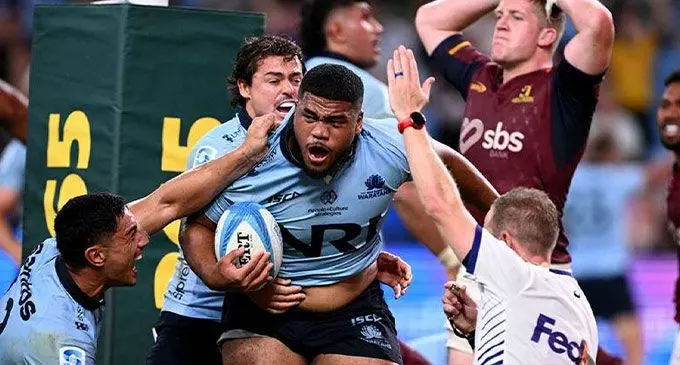NSW Waratahs prop Siosifa Amone celebrates after scoring his second try that cemented their 37-36 win over the Highlanders at the Allianz Stadium in Sydney, Australia, on February 14, 2025. 