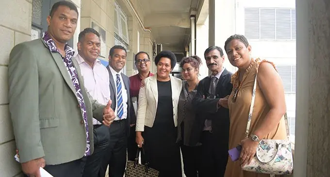 Sainiana Radrodro (fifth from left), with family and friends outside the Suva Magistrates Court on February 25, 2019.  Photo: Simione Haravanua