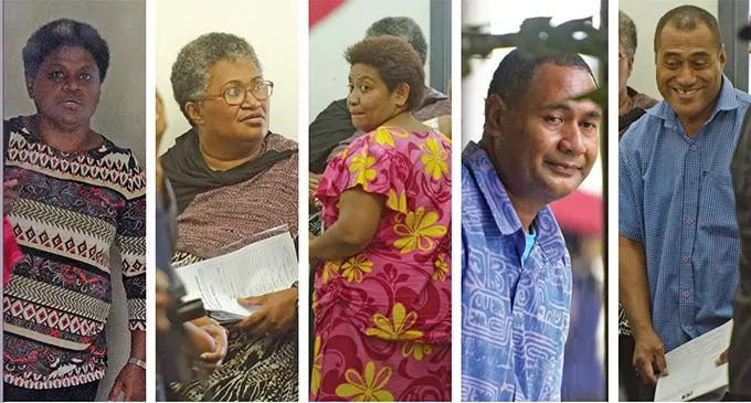 From left: Eseta Nagota, Joana Yabakidrau, Salote Waivure, Isoa Bukarau and Temo Tuilailai outside Magistrates Court on August 20, 2019.  Photo: Ronald Kumar