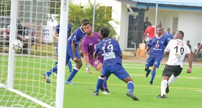 Lautoka goalkeeper Beniamino Mateinaqara watches helplessly as Suva’s Christopher Wasasala (10) scores their first goal in the Vodafone Premier League clash at the Uprising Resort ground in Pacific Harbour on August 18, 2019.  Photo: Ronald Kumar