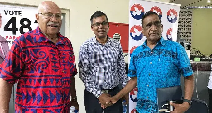 The People's Alliance leader Sitiveni Rabuka (left), with National Federation Party leader Biman Prasad and NFP candidate Parmod Chand, at the Civic Centre in Labasa on November 30, 2022. Photo: Shratika Naidu