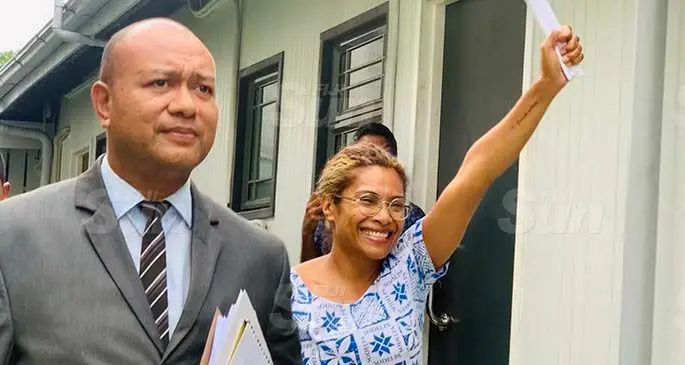Defence lawyer David Toganivalu and Lynda Tabuya outside court on March 30, 2020. Photo: Fonua Talei