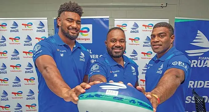 Swire Shipping Fijian Drua veterans (from left) Isoa Nasilasila, Mesake Doge and Apisalome Vota at Walu Bay, Suva, on February 7, 2024. Photo: Leon Lord