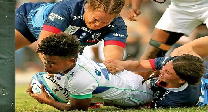 Fijiana Drua’s Vitalina Naikoro powers over to score a try against Rebels in their Super W opener at the Endeavour Hills Rugby Club ground on March 5, 2022. Photo: Fijiana Drua.