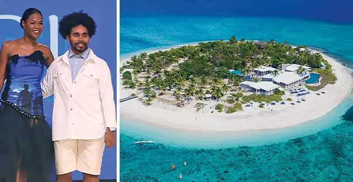 Laisiasa Raibevu Davetawalu (R) with a model wearing his designer brand clothing and Malamala Beach Club.