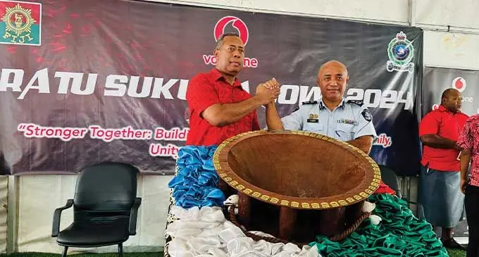 Commander of the Republic of Fiji Military Forces, Major General Jone Kalouniwai and Acting Commissioner of Police Juki Fong Chew during the official launching of the 2024 Vodafone Ratu Sukuna Bowl competition at the Naval Base in Walu Bay, Suva, yesterday.  Photos: Sereana Salalo