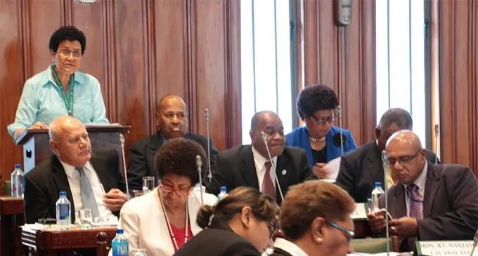 Fijian businesswoman and SODELPA MP Adi Mere Tuisalalo Samisoni  (standing) in Parliament on March 7, 2018.  Photo: Parliament of Fiji