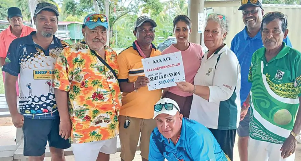 Adi Litia Benau receives the charity bowls donation on behalf of Sheila Bennion from members of the AAA-ACE Friends Club at the Nadi Sports and Social Club on January 26, 2025.  