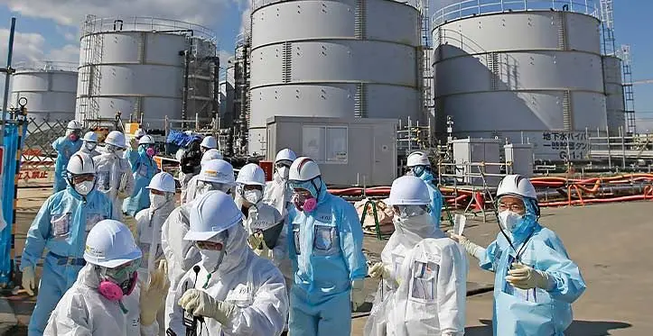 Members of the media at the Fukushima Daiichi nuclear power plant.