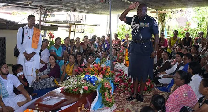 Deputy Police Commissioner Rusiate Tudravu showing his respect to the late CPL Rajendra Nair at his home in Cevuga road Kalabu,Suva on March 3,2019.Photo:Simione Haravanua.