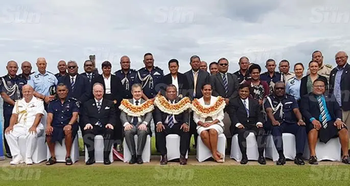 Sitting centre: New Zealand’s High Commissioner to Fiji Jonathan Curr, Minister for Defence, National Security and Policing Inia Seruiratu, UNDP agency representative Revai Maknje Aalbaek with participants after the launch of the Draft Police Bill 2020 online consultation at the Grand Pacific Hotel on Wednesday, March 3, 2021. Photo: Shalveen Chand
