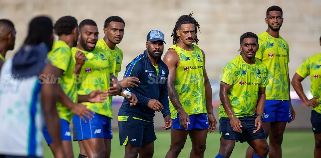 Swire Shipping Fijian Drua players during the captain's run at the HFC Stadium. PHOTO: Leon Lord