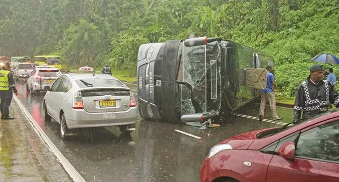 Pacific Transport Limited bus tumbled in the middle of the road at Edinburgh Drive on March 25, 2021. Photo: Ronald Kumar