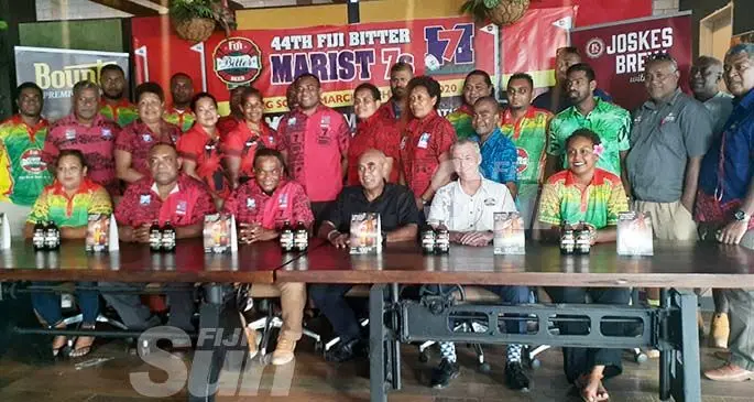 Marist Rugby Club president Lawrence Tikaram (front- third from left) and Paradise Beverage general manager sales and corporate affairs Joe Rodan Snr, Paradise Beverages general manager Mike Spencer during the launch of the Fiji Bitter Marist 7s in Walu Bay, Suva on January 24, 2020. Photo: Simione Haravanua