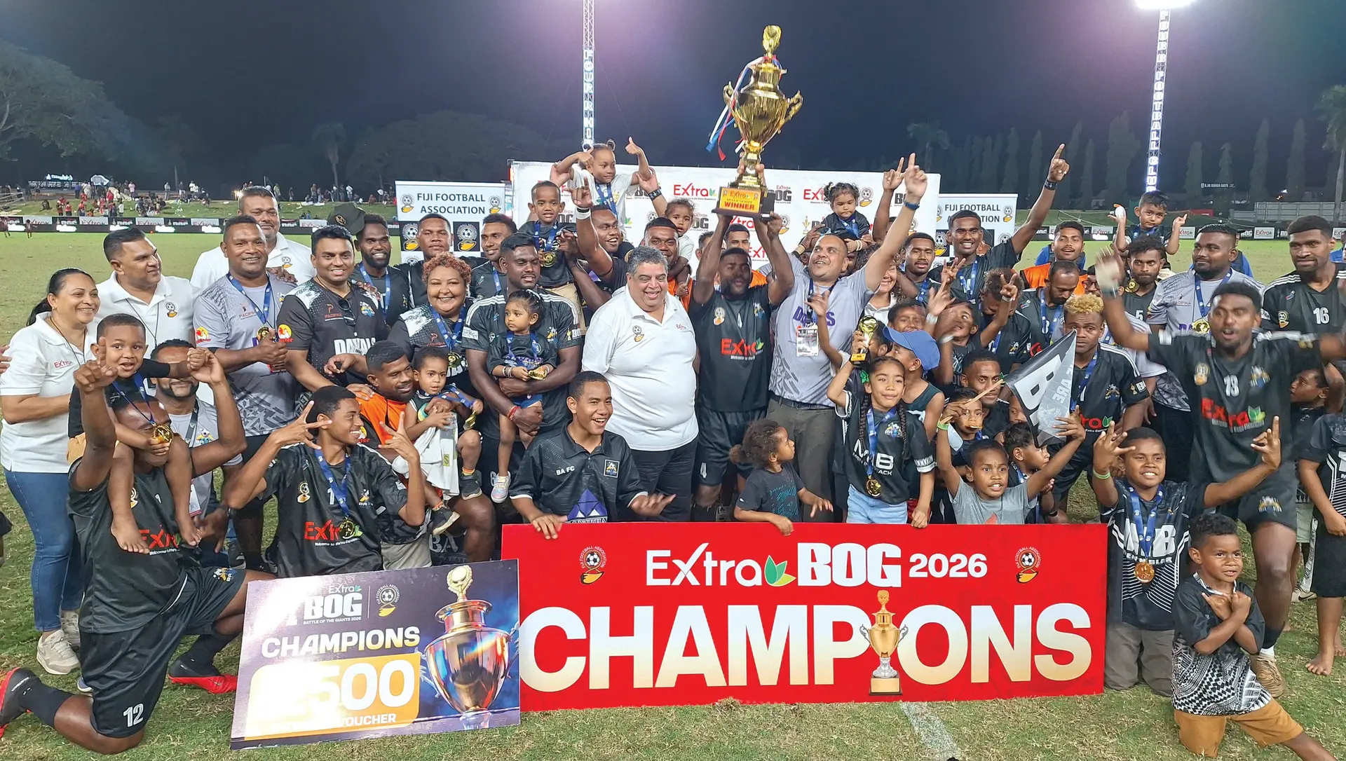 opular winners, the ‘Men in Black’ bagged their 18 Battle of the Giants title, beating Rewa 2-1, at Govind Park, Ba, last night. Ba last won the title 8 years ago. 