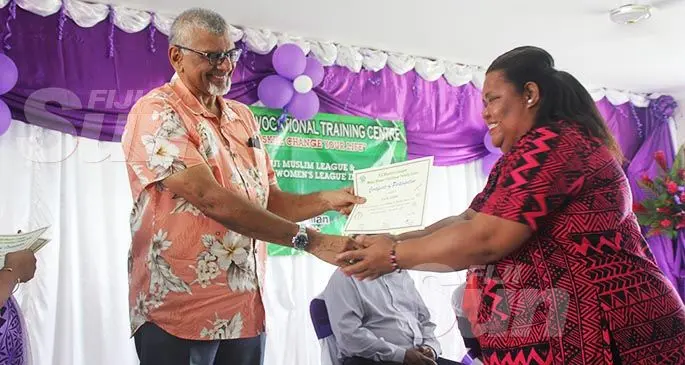 President of the Fiji Muslim League Hafiz Khan and Paulini Tawela during the graduation ceremony at the Makoi Women’s Vocational Training Centre on March 5, 2020. Photo: Shreeya Verma