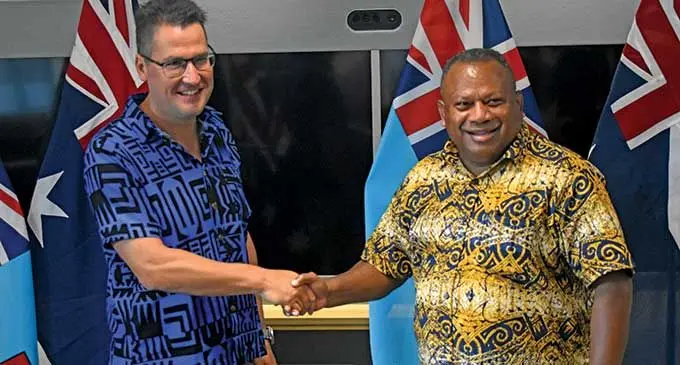 The Australian Minister for International Development and the Pacific, Senator Zed Seselja (left) with the Minister for Rural, Maritime Development and Disaster Management, Defence, National Security and Policing, Inia Seruiratu following the opening of the RFMF Blackrock Camp in Nadi on March 14, 2022. Photo: Nicolette Chambers