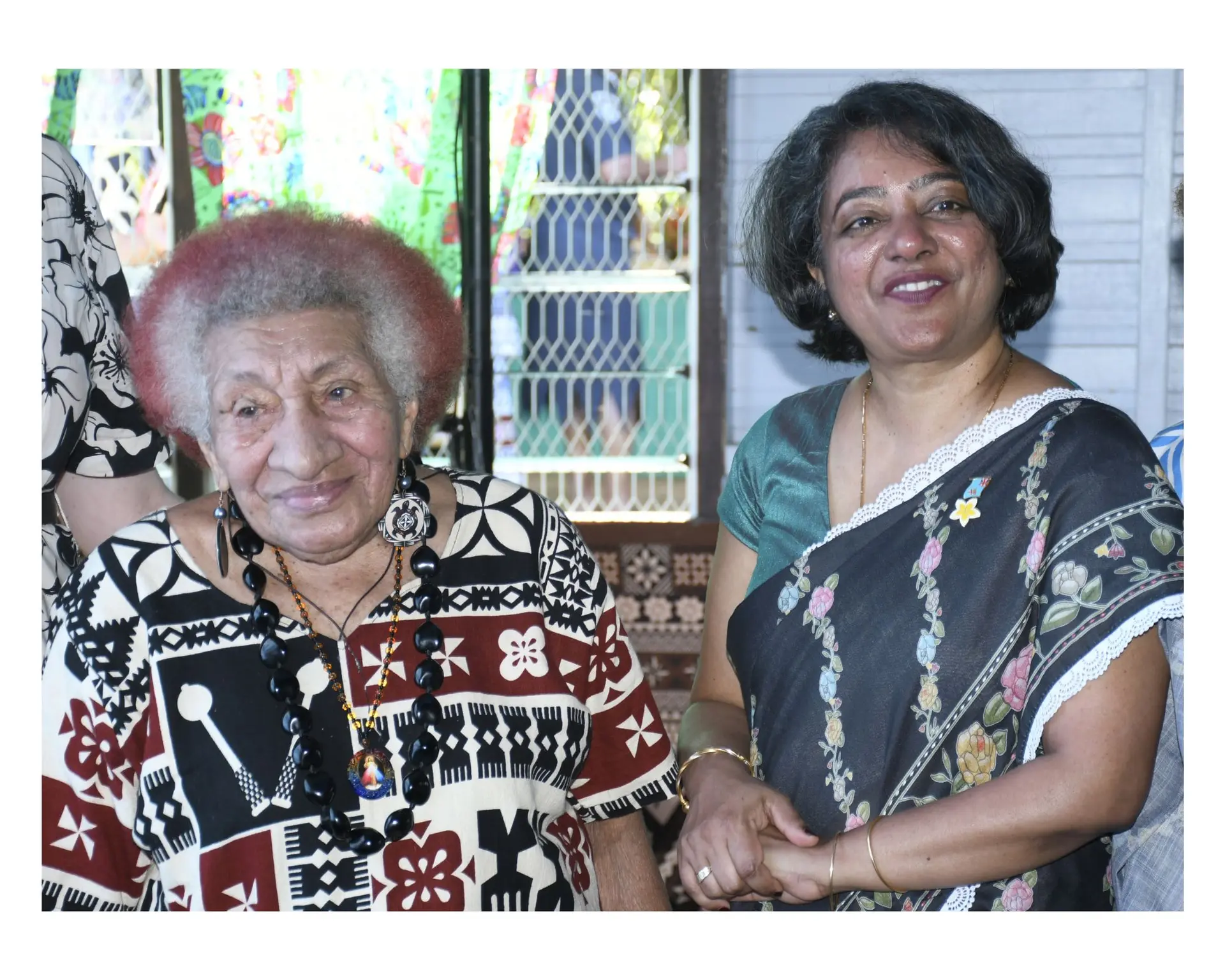 Minister for Women, Children and Social Protection Sashi Kiran with Emily Sassen 90,  durng BEBBO parenting app launch at Muanikoso Settlement in Nasinu on June 26, 2026.